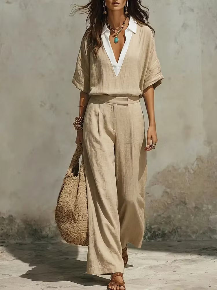 Amira | Conjunto de lino con blusa fluida y pantalón ancho