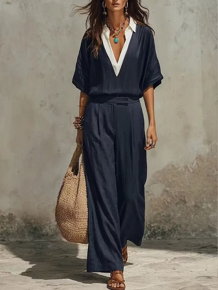 Amira | Conjunto de lino con blusa fluida y pantalón ancho