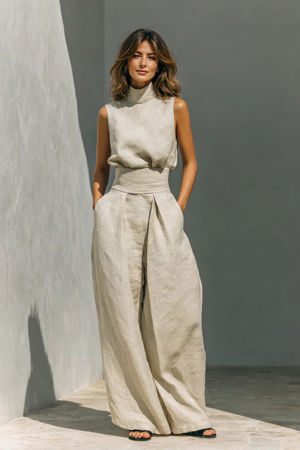 Maria | Conjunto minimalista de camiseta sin mangas y pantalón de pierna ancha de algodón y lino para mujer