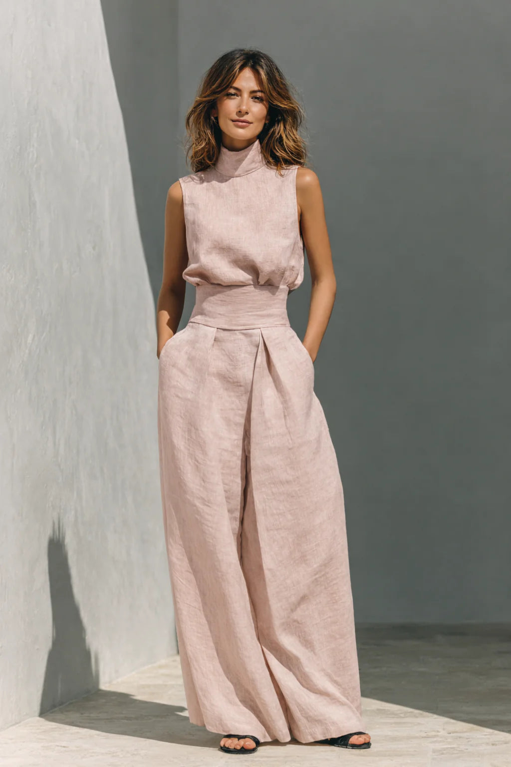 Maria | Conjunto minimalista de camiseta sin mangas y pantalón de pierna ancha de algodón y lino para mujer