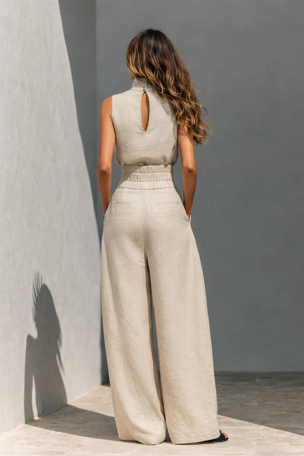 Maria | Conjunto minimalista de camiseta sin mangas y pantalón de pierna ancha de algodón y lino para mujer