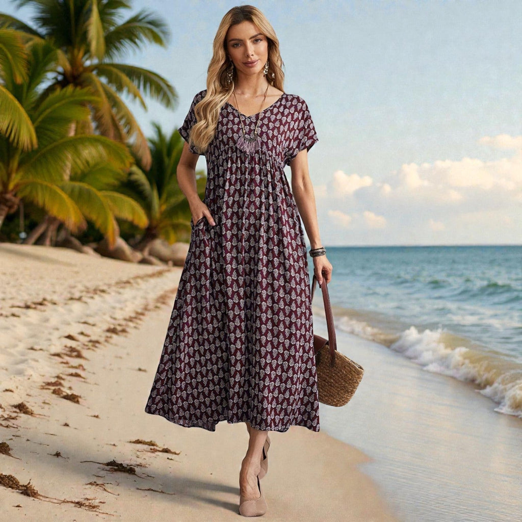 Noa | Dames Maxi Jurk met Boho Print en Gesmockte Empire Taille