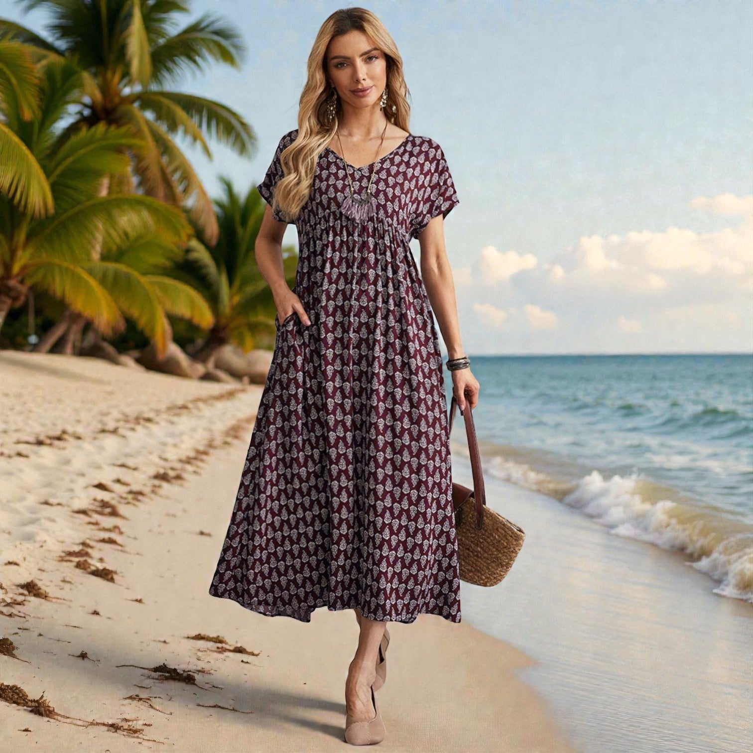 Noa | Dames Maxi Jurk met Boho Print en Gesmockte Empire Taille