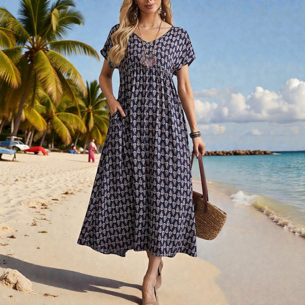 Noa | Dames Maxi Jurk met Boho Print en Gesmockte Empire Taille