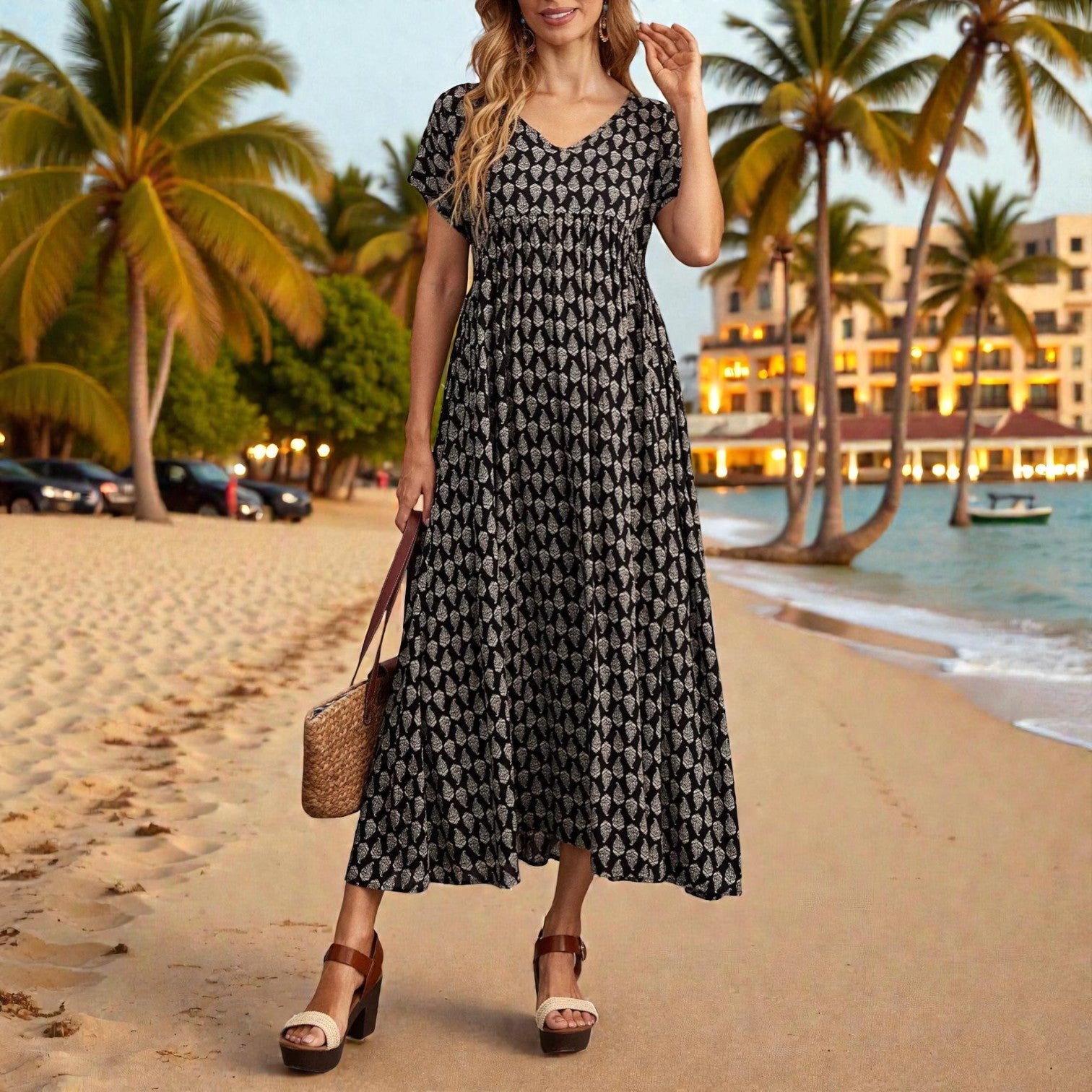 Noa | Dames Maxi Jurk met Boho Print en Gesmockte Empire Taille