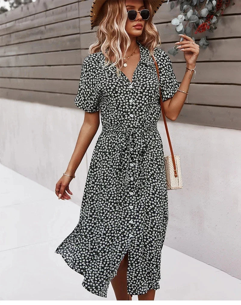 Sienna | Dames Midi Jurk met Bloemenprint, Knoopsluiting en Strikceintuur