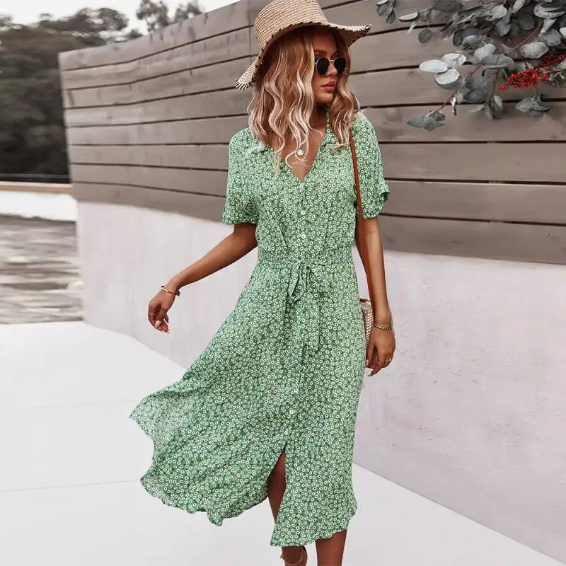 Sienna | Dames Midi Jurk met Bloemenprint, Knoopsluiting en Strikceintuur