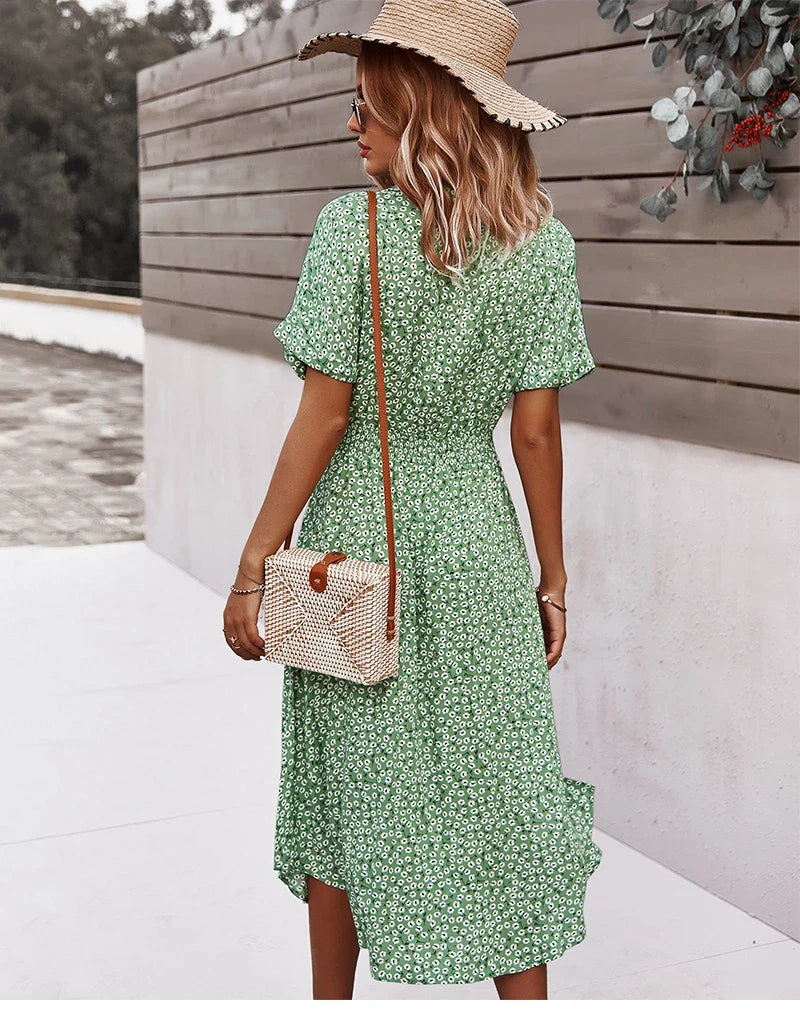 Sienna | Dames Midi Jurk met Bloemenprint, Knoopsluiting en Strikceintuur