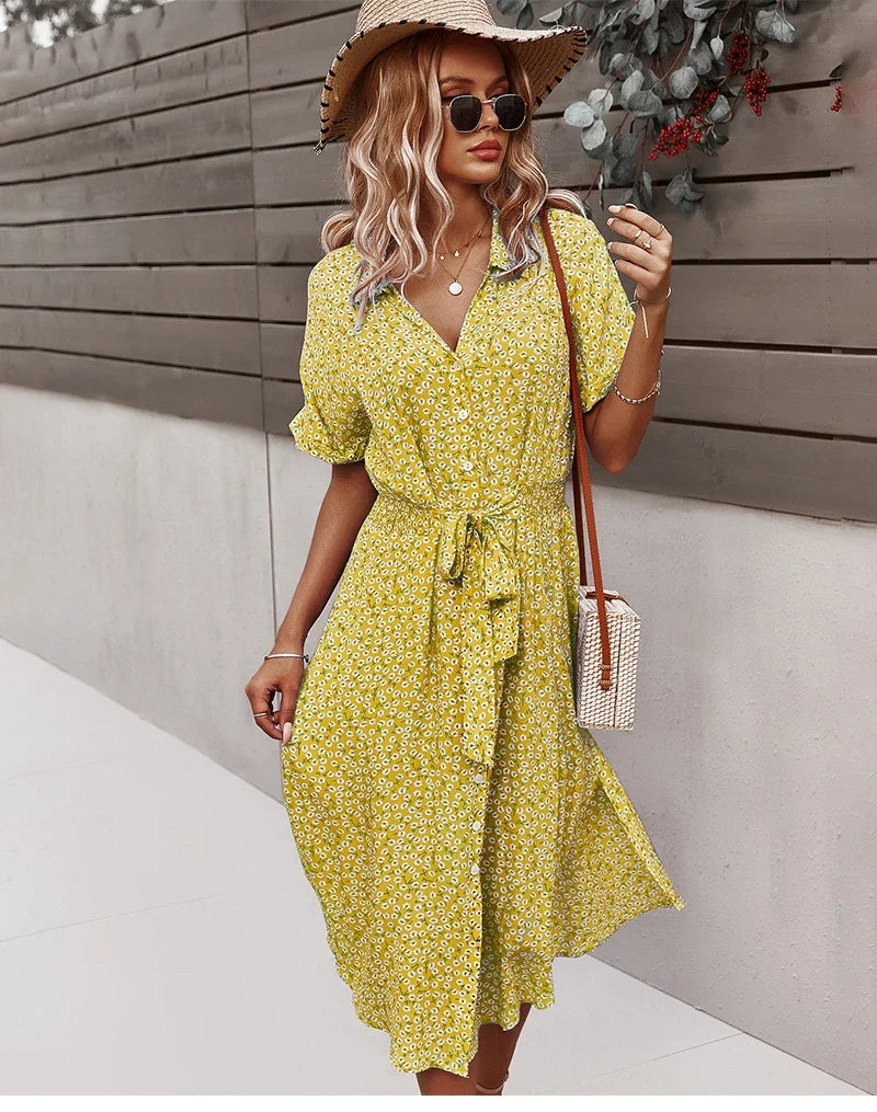 Sienna | Dames Midi Jurk met Bloemenprint, Knoopsluiting en Strikceintuur