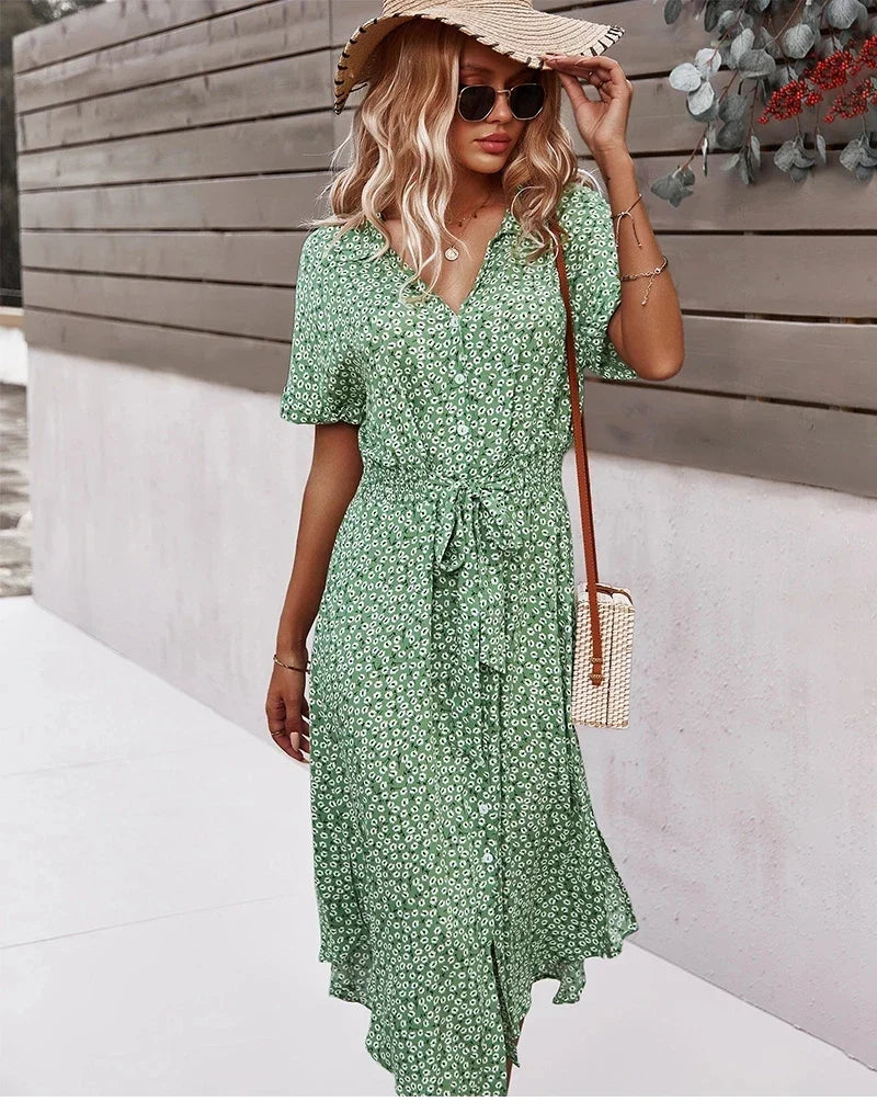 Sienna | Dames Midi Jurk met Bloemenprint, Knoopsluiting en Strikceintuur