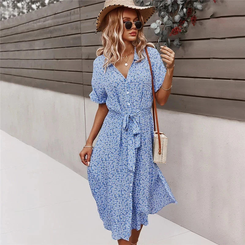Sienna | Dames Midi Jurk met Bloemenprint, Knoopsluiting en Strikceintuur