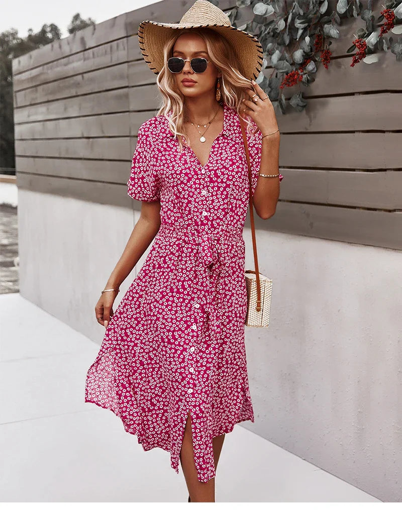 Sienna | Dames Midi Jurk met Bloemenprint, Knoopsluiting en Strikceintuur