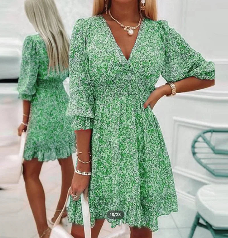 Rosalie | Dames Bloemenprint Jurk met Diepe V-hals en Gerimpelde Taille