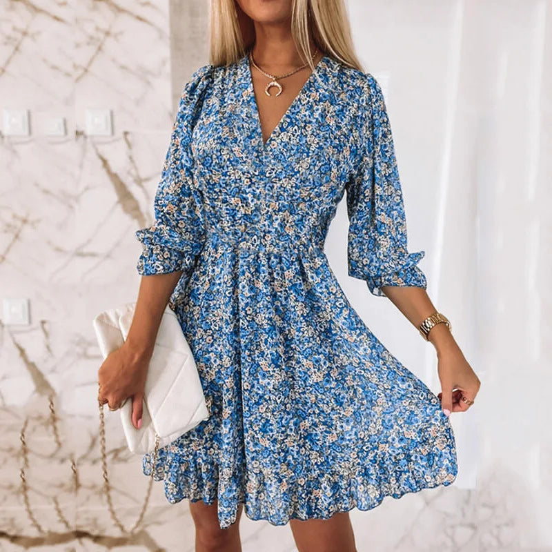 Rosalie | Dames Bloemenprint Jurk met Diepe V-hals en Gerimpelde Taille