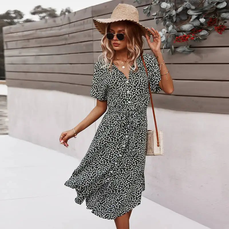 Sienna | Dames Midi Jurk met Bloemenprint, Knoopsluiting en Strikceintuur