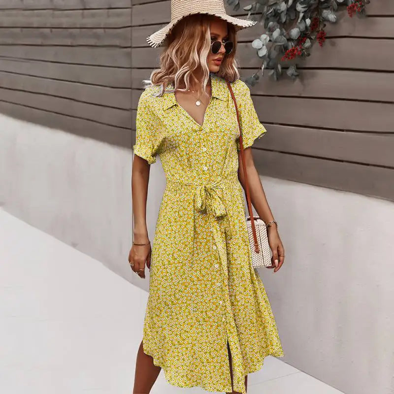 Sienna | Dames Midi Jurk met Bloemenprint, Knoopsluiting en Strikceintuur