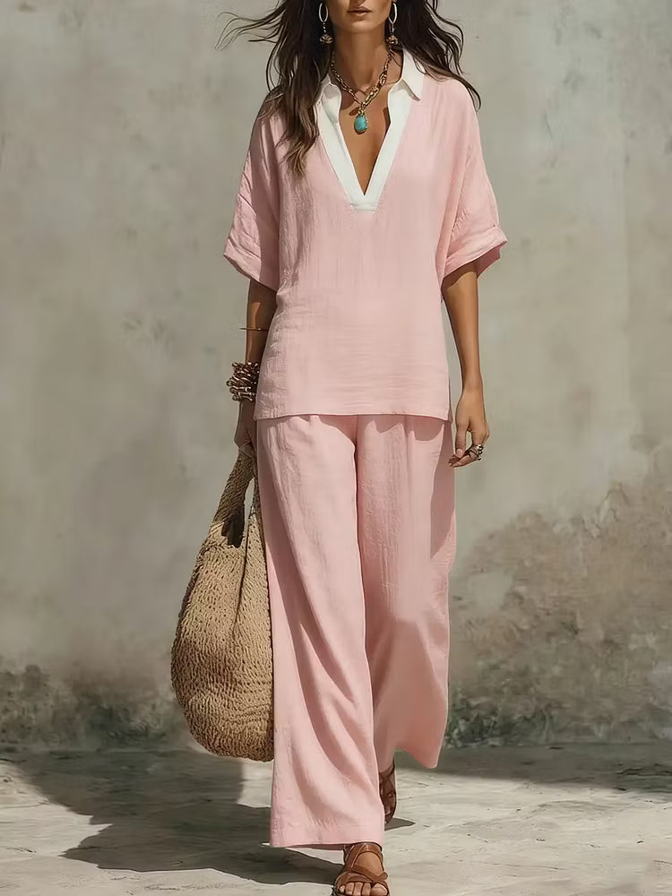 Amira | Conjunto de lino con blusa fluida y pantalón ancho
