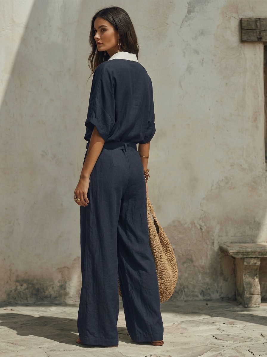 Amira | Conjunto de lino con blusa fluida y pantalón ancho